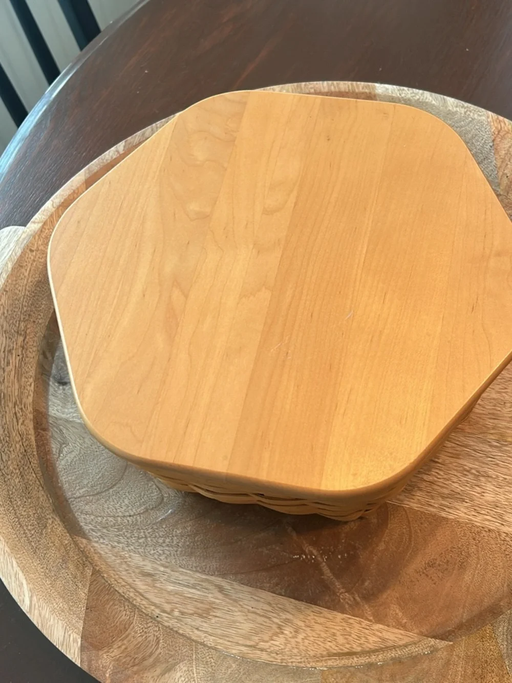 Longaberger Woven Basket with Lid  and liner- 5 in tall by 12 in wide
